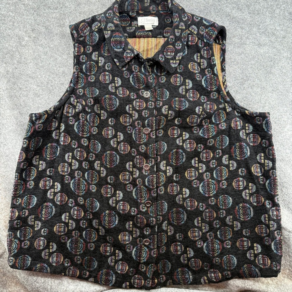 CJ Banks Tapestry Vest Womens 3X Black Multi Color Geometric Button Front Collar